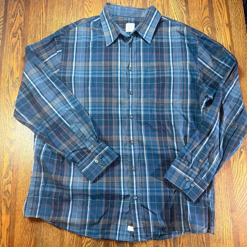 Merona Men XXL Blue Plaid Long Sleeve Button Down Shirt Classic Fit Chest Pocket